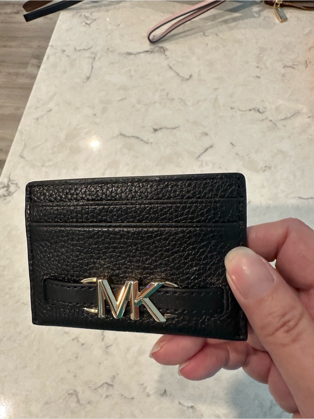 Michael Kors Black Pebbled Leather Card Holder with Gold MK Logo
